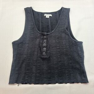 American Eagle Black Cropped Womens M Ribbed 1/4 Snap Button Tank Top Y2K